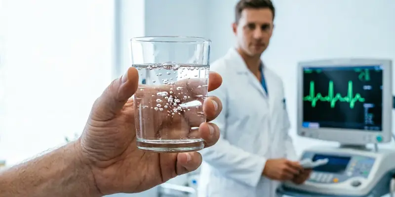 Рука держит стакан с минералкой в кабинете нарколога